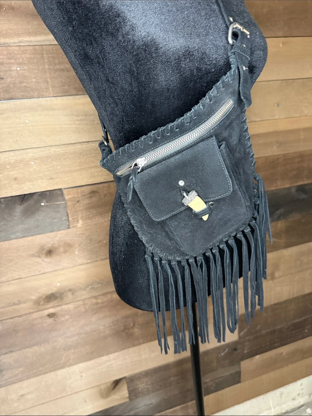Raj Black Suede Fringe Crossbody Bag with Front Pocket 100% leather